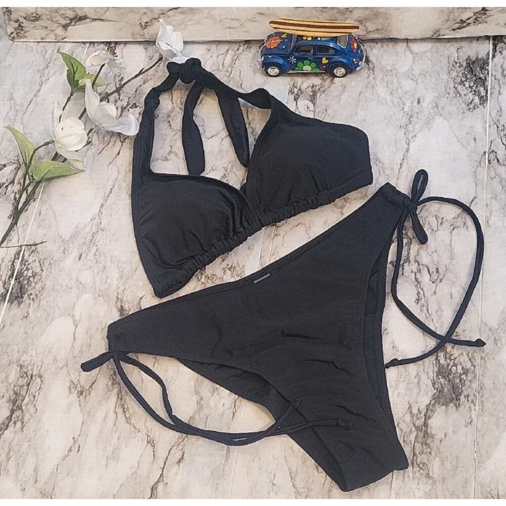 Black textured bikini with adjustable ties size L